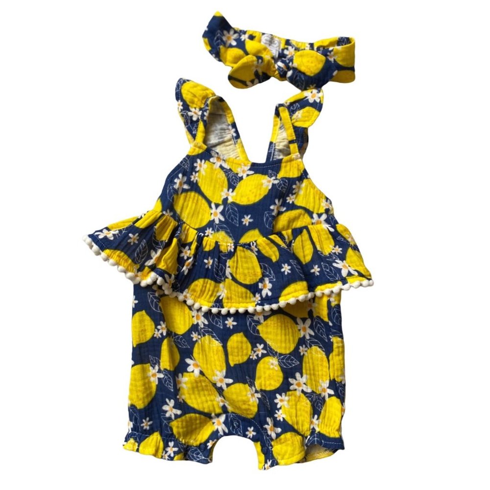 Mud Pie Lemon cotton gauze romper headband set  9-12m nwot